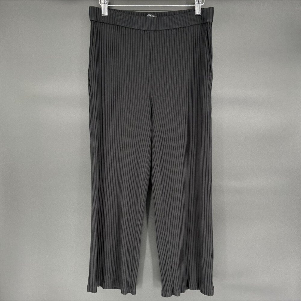 Eileen Fisher Women's Textured Stretch Rib Wide Leg Pants L Black Minimalist